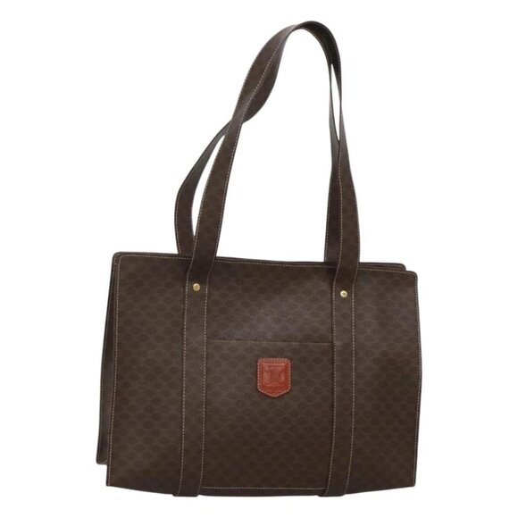 CELINE Macadam Canvas Tote Bag PVC Leather Brown Gold Auth - Picture 7 of 16